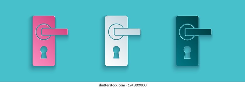 Paper cut Door handle icon isolated on blue background. Door lock sign. Paper art style. Vector