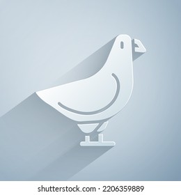 Paper cut Dove icon isolated on grey background. Paper art style. Vector