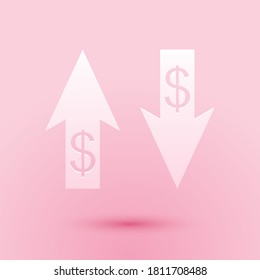 Las flechas de papel cortadas Arriba y Abajo con el símbolo del dólar aislado en el fondo rosado. Concepto de negocio. Estilo de arte de papel. Vector.