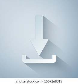 Paper cut Download icon isolated on grey background. Upload button. Load symbol. Arrow point to down. Paper art style. Vector Illustration