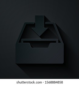 Paper cut Download inbox icon isolated on black background. Add to archive. Paper art style. Vector Illustration