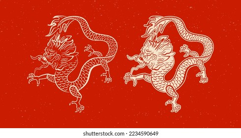 Arte de dragón cortado de papel sobre fondo de papel rojo. Decoración china de Año Nuevo. Elemento de año nuevo lunar. Decoración asiática tradicional. Año del Dragón. Zodiaco. Ornamento de sobre rojo.