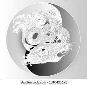 Paper cut Dragon and koi carp on Yin-Yang circle.Dragon and koi fish fighting and water splash.doodle art and zentangle style.