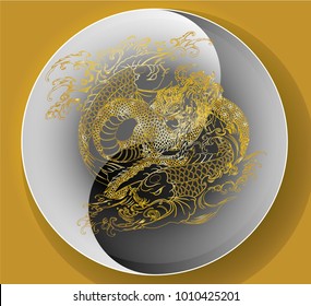 Paper cut Dragon and koi carp on Yin-Yang circle.Dragon and koi fish fighting and water splash.doodle art and zentangle style.