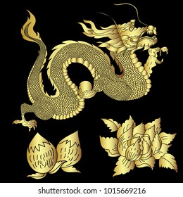 Paper cut The Dragon with peach and peony for Chinese new year.Gold Chinese dragon is religion from Buddhism.
