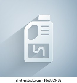 Paper cut Drain cleaner bottle icon isolated on grey background. Water pipes cleaning. Plumbing repair symbol. Paper art style. Vector