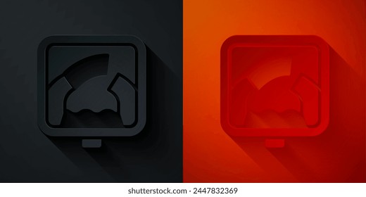 Paper cut Drawbridge ahead icon isolated on black and red background. Information road sign. Paper art style. Vector