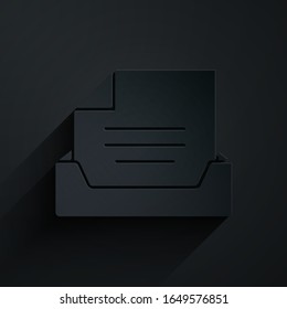 Paper cut Drawer with document icon isolated on black background. Archive papers drawer. File Cabinet Drawer. Office furniture. Paper art style. Vector Illustration