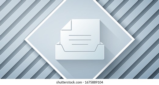 Paper cut Drawer with document icon isolated on grey background. Archive papers drawer. File Cabinet Drawer. Office furniture. Paper art style. Vector Illustration