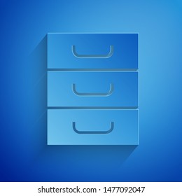 Paper cut Drawer with documents icon isolated on blue background. Archive papers drawer. File Cabinet Drawer. Office furniture. Paper art style. Vector Illustration
