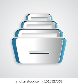 Paper cut Drawer with documents icon isolated on grey background. Archive papers drawer. File Cabinet Drawer. Office furniture. Paper art style. Vector Illustration
