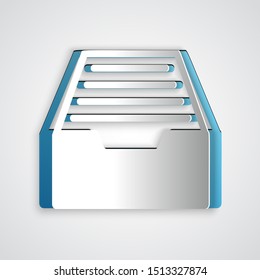 Paper cut Drawer with documents icon isolated on grey background. Archive papers drawer. File Cabinet Drawer. Office furniture. Paper art style. Vector Illustration