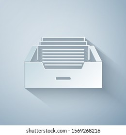 Paper cut Drawer with documents icon isolated on grey background. Archive papers drawer. File Cabinet Drawer. Office furniture. Paper art style. Vector Illustration