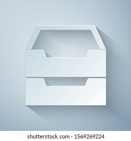 Paper cut Drawer with documents icon isolated on grey background. Archive papers drawer. File Cabinet Drawer. Office furniture. Paper art style. Vector Illustration