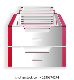 Paper cut Drawer with documents icon isolated on white background. Archive papers drawer. File Cabinet Drawer. Office furniture. Paper art style. Vector.