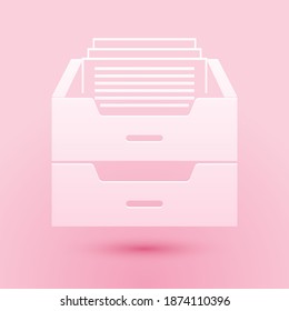 Paper cut Drawer with documents icon isolated on pink background. Archive papers drawer. File Cabinet Drawer. Office furniture. Paper art style. Vector.