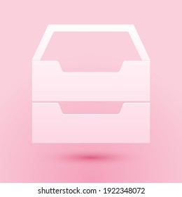 Paper cut Drawer with documents icon isolated on pink background. Archive papers drawer. File Cabinet Drawer. Office furniture. Paper art style. Vector.