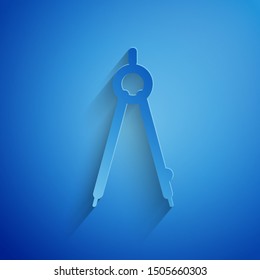 Paper cut Drawing compass icon isolated on blue background. Compasses sign. Drawing and educational tools. Geometric instrument. Paper art style. Vector Illustration