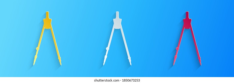 Paper cut Drawing compass icon isolated on blue background. Compasses sign. Drawing and educational tools. Geometric instrument. Education sign. Paper art style. Vector.