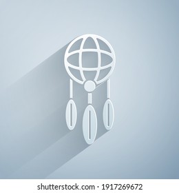 Paper cut Dream catcher with feathers icon isolated on grey background. Paper art style. Vector