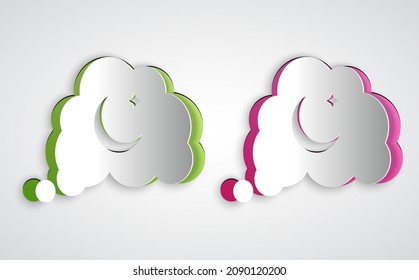 Paper cut Dreams icon isolated on grey background. Sleep, rest, dream concept. Resting time and comfortable relaxation. Paper art style. Vector
