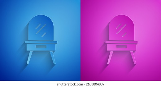 Paper cut Dressing table icon isolated on blue and purple background. Paper art style. Vector