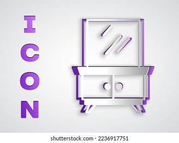 Paper cut Dressing table icon isolated on grey background. Paper art style. Vector