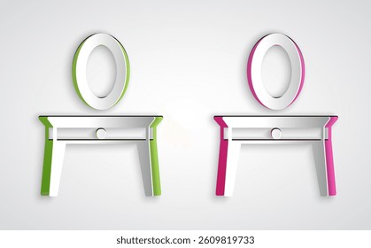 Paper cut Dressing table icon isolated on grey background. Paper art style. Vector