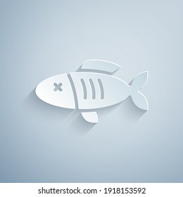 Paper cut Dried fish icon isolated on grey background. Paper art style. Vector.