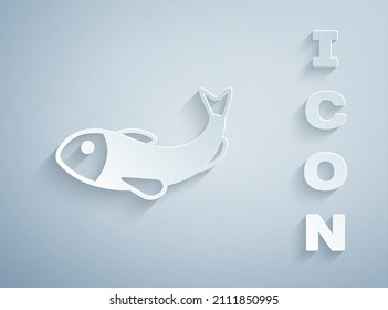 Paper cut Dried fish icon isolated on grey background. Paper art style. Vector