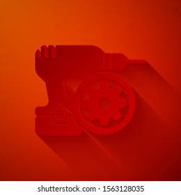 Paper cut Drill machine and gear icon isolated on red background. Adjusting app, service concept, setting options, maintenance, repair, fixing. Paper art style. Vector Illustration