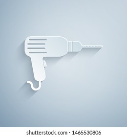 Paper cut Drill machine icon isolated on grey background. Paper art style. Vector Illustration