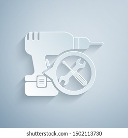 Paper cut Drill machine with screwdriver and wrench icon isolated on grey background. Adjusting, service, setting, maintenance, repair, fixing. Paper art style. Vector Illustration