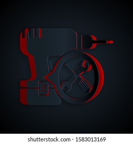 Paper cut Drill machine with screwdriver and wrench icon isolated on black background. Adjusting, service, setting, maintenance, repair, fixing. Paper art style. Vector Illustration