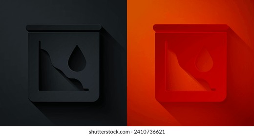 Paper cut Drop in crude oil price icon isolated on black and red background. Oil industry crisis concept. Paper art style. Vector