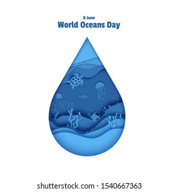 Paper cut drop form depth under water sea cave with fishes, coral reef, seabed in algae, waves. World Oceans Day 8 June. Diving concept, deep blue marine life. Vector sea wildlife.