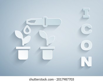 Paper cut Drop of water drops from pipette on plant icon isolated on grey background. Medical or agricultural experiments. Fertilizers and pesticides. Paper art style. Vector