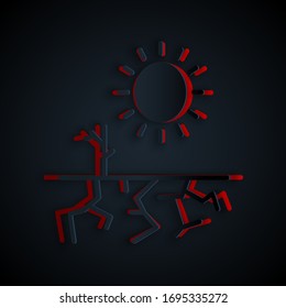 Paper cut Drought icon isolated on black background. Paper art style. Vector Illustration