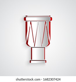 Paper cut Drum icon isolated on grey background. Music sign. Musical instrument symbol. Paper art style. Vector Illustration