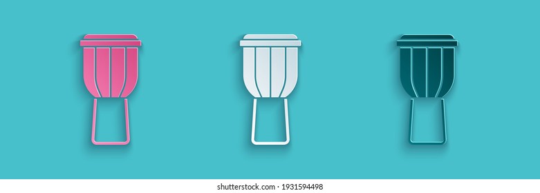 Paper cut Drum icon isolated on blue background. Music sign. Musical instrument symbol. Paper art style. Vector