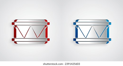 Paper cut Drum icon isolated on grey background. Music sign. Musical instrument symbol. Paper art style. Vector