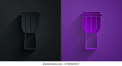 Icono de tambor de corte de papel aislado en negro sobre fondo púrpura. Signo de música. Símbolo de instrumento musical. Estilo de arte de papel. Vector
