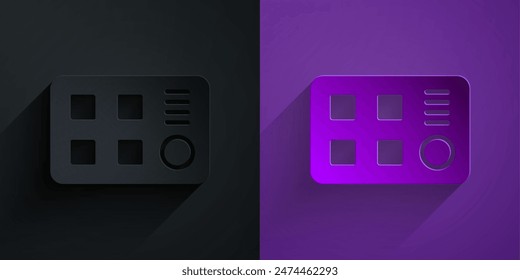 Paper cut Drum machine icon isolated on black on purple background. Musical equipment. Paper art style. Vector
