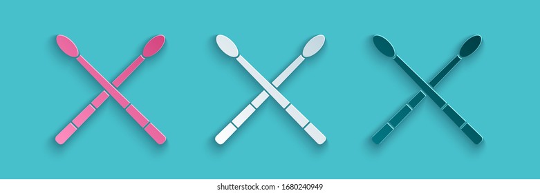 Paper cut Drum sticks icon isolated on blue background. Musical instrument. Paper art style. Vector Illustration
