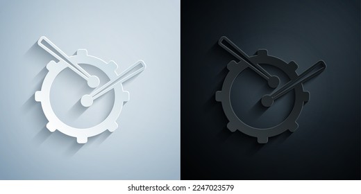 Paper cut Drum with drum sticks icon isolated on grey and black background. Music sign. Musical instrument symbol. Paper art style. Vector