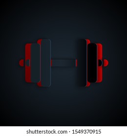 Paper cut Dumbbell icon isolated on black background. Muscle lifting icon, fitness barbell, gym icon, sports equipment symbol, exercise bumbbell. Paper art style. Vector Illustration