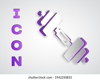 Icono de Dumbbell cortado en papel aislado en fondo gris. Icono de levantamiento muscular, barbacoa de fitness, gimnasio, equipamiento deportivo, campana de ejercicio. Estilo de arte de papel. Vector