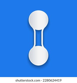 Paper cut Dumbbell icon isolated on blue background. Muscle lifting, fitness barbell, sports equipment. Paper art style. Vector