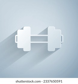 Paper cut Dumbbell icon isolated on grey background. Muscle lifting icon, fitness barbell, gym, sports equipment, exercise bumbbell. Paper art style. Vector