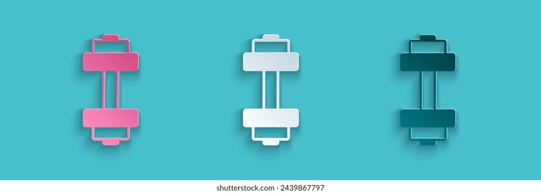 Paper cut Dumbbell icon isolated on blue background. Muscle lifting icon, fitness barbell, gym, sports equipment, exercise bumbbell. Paper art style. Vector